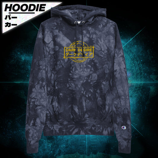 Dark Desire Champion hoodie – deep blue with gold glyph embroidery, limited streetwear by BROKELABS金欠ラボ