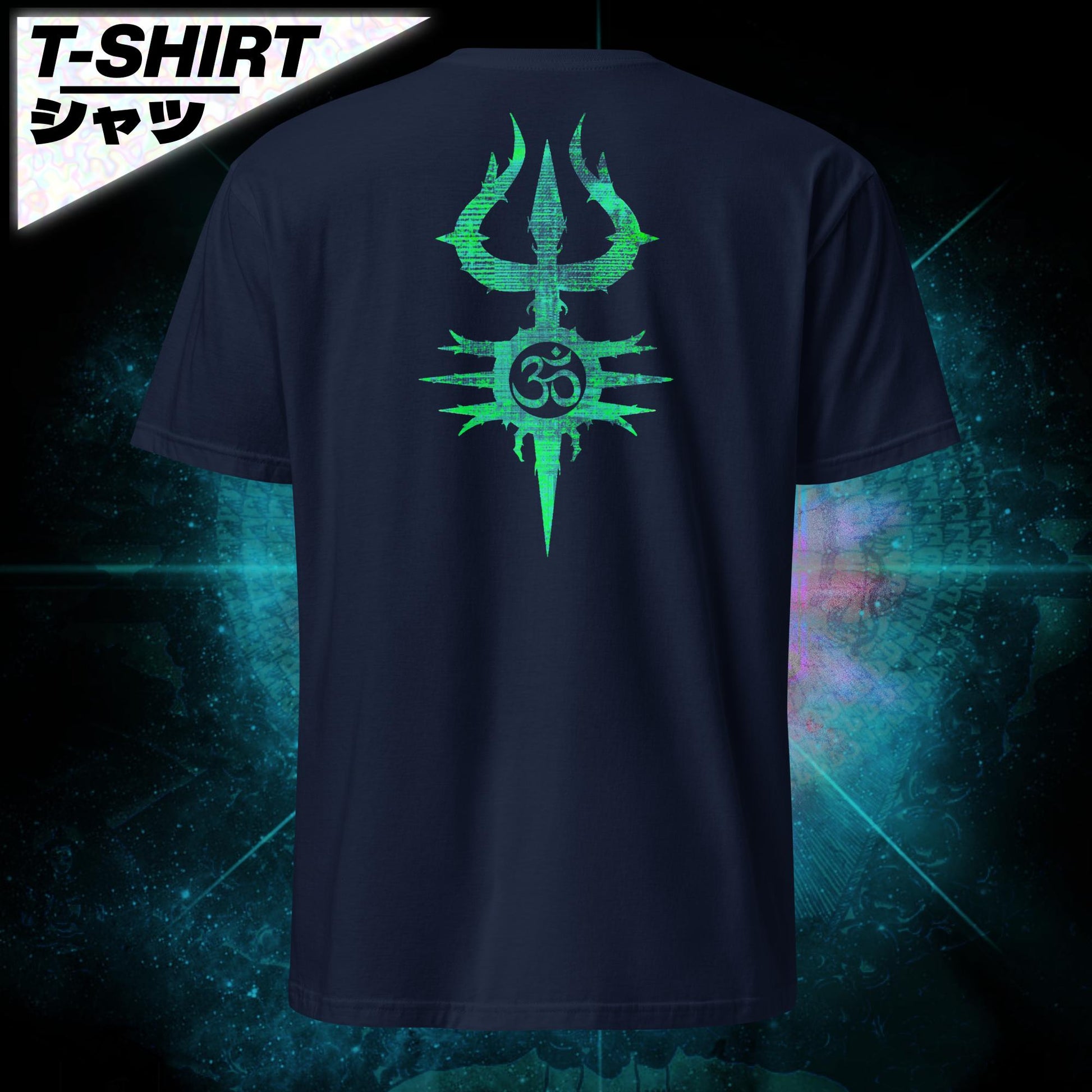 Product mockup-Navy BROKELABS t-shirt featuring the “Green Tongue” sigil printed in vivid ether-green on chest, OM thorned trident on back—coded for signal seekers and aligned transmission. Soft cotton, glitch-alchemical streetwear for innerworld navigation.