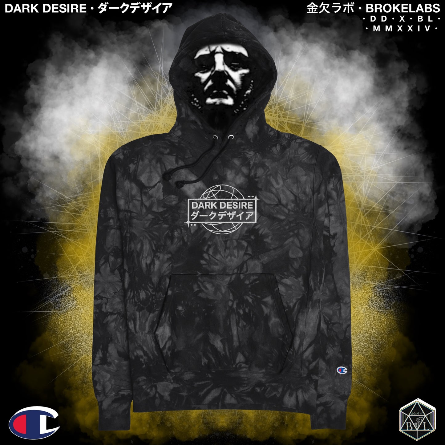 DARK DESIRE - Embroidered Champion Tie-Dye Hoodie [BLK/WHT]