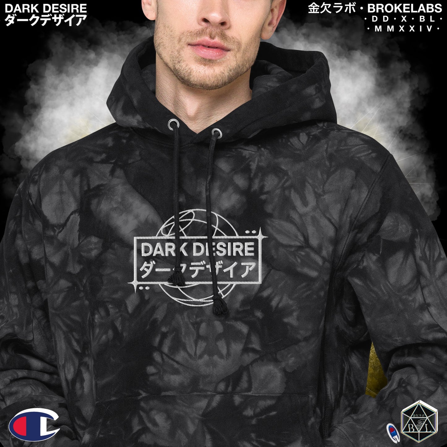 DARK DESIRE - Embroidered Champion Tie-Dye Hoodie [BLK/WHT]