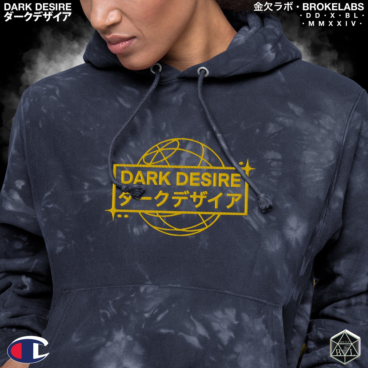 DARK DESIRE - Embroidered Champion Tie-Dye Hoodie [BLU/GLD]