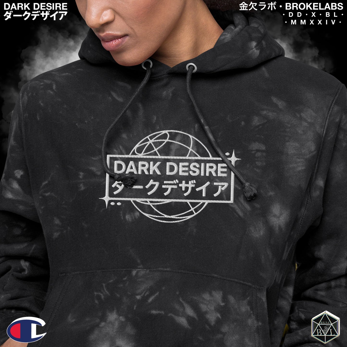 DARK DESIRE - Embroidered Champion Tie-Dye Hoodie [BLK/WHT]