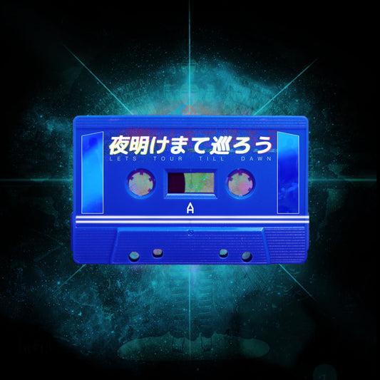 Deep Blue Cassette Tape Shell with glowing white cyan details and glitch signal textures