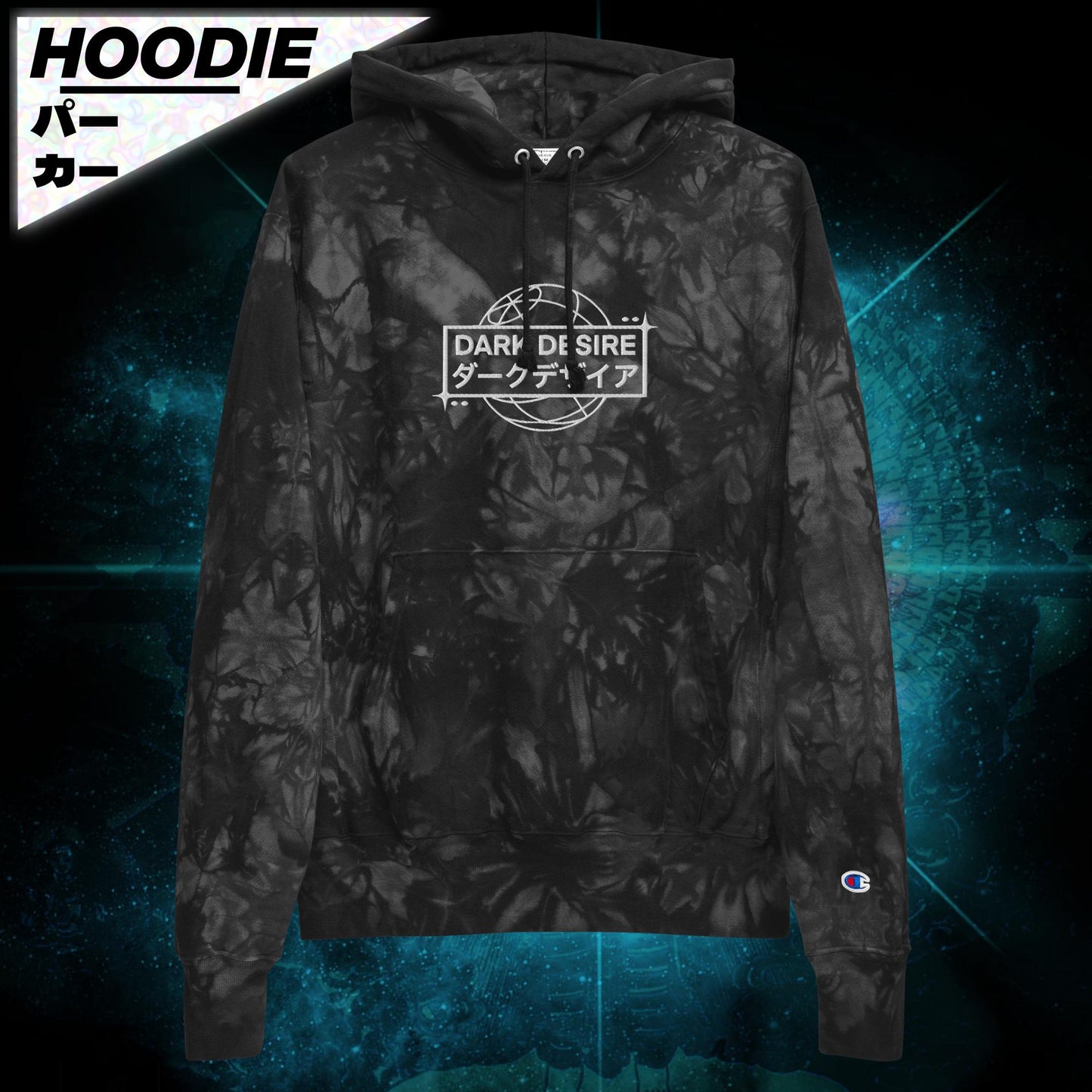 DARK DESIRE - Embroidered Champion Tie-Dye Hoodie [BLK/WHT]